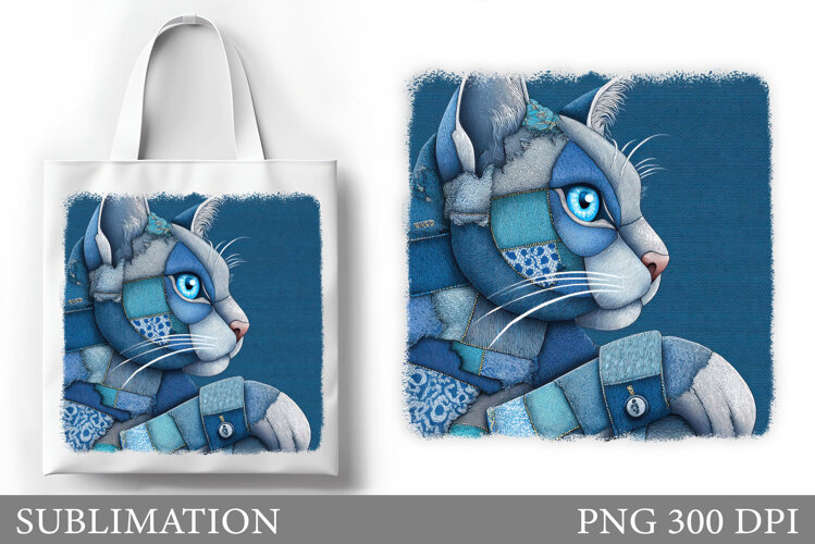 Denim Cat Sublimation. Cute Cat Tote Bag Design example image 1