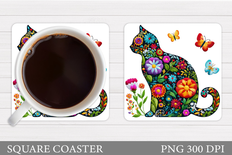 Floral Cat Coaster Design. Cute Cat Sublimation