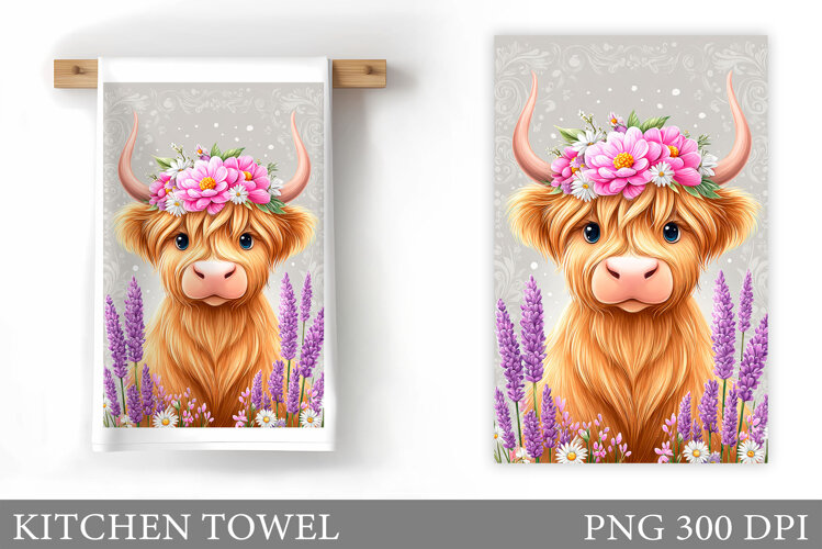 HighlandCow Kitchen Towel. Cow Flowers Kitchen Towel Design example image 1