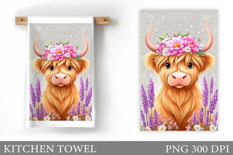 HighlandCow Kitchen Towel. Cow Flowers Kitchen Towel Design