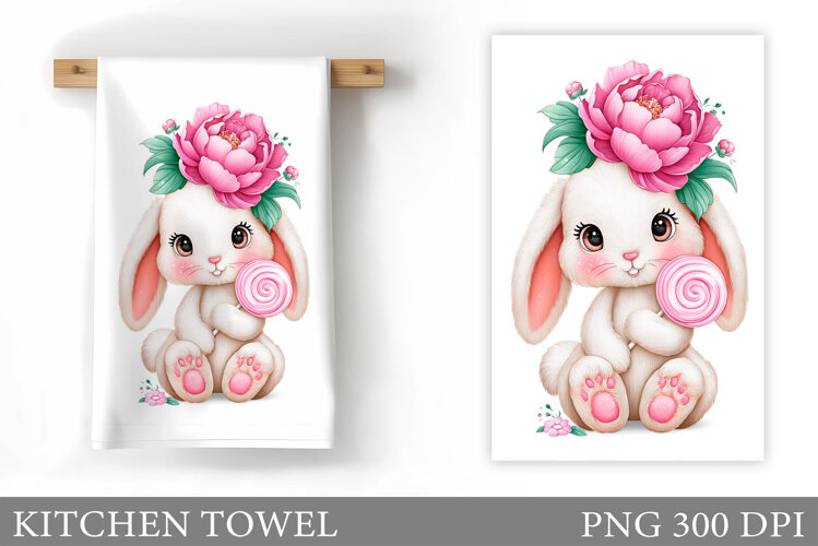 Cute Bunny Kitchen Towel. Bunny Flowers Kitchen Towel Design example image 1