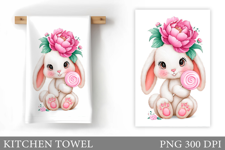 Cute Bunny Kitchen Towel. Bunny Flowers Kitchen Towel Design