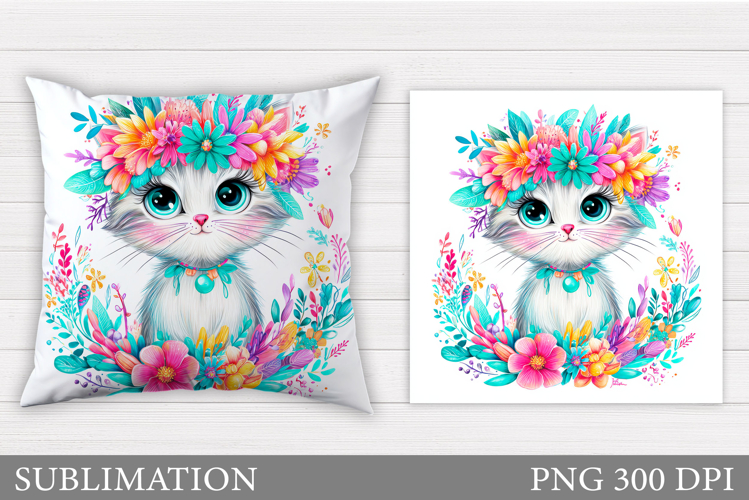 Cat Pillow Design. Cat Flowers Pillow Sublimation