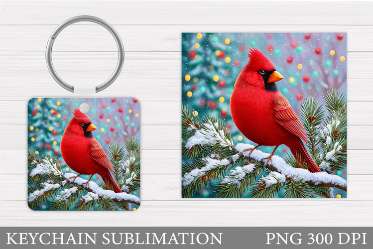 Cardinal Keychain Sublimation. Winter Bird Round Keychain