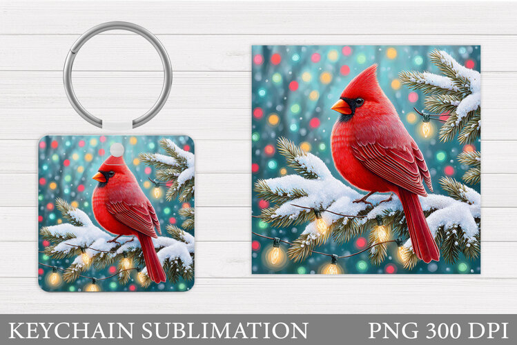 Cardinal Keychain Sublimation. Winter Bird Round Keychain example image 1