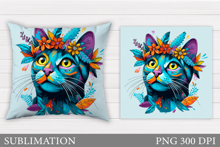 Cat Pillow Sublimation. Cat Flowers Pillow Design