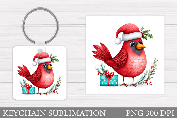 Cardinal Keychain Sublimation. Winter Bird Round Keychain