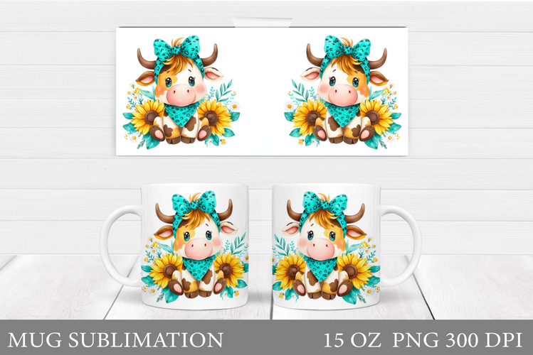 Cute Cow Mug Sublimation. Cow Flowers Mug Wrap Design