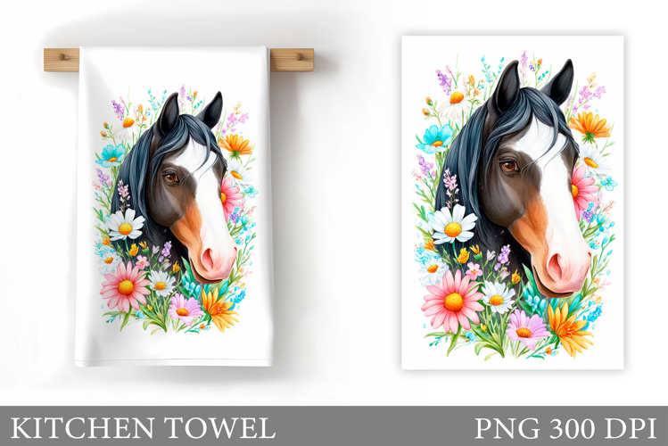 Horse Kitchen Towel Design. Cute Horse Flowers Sublimation