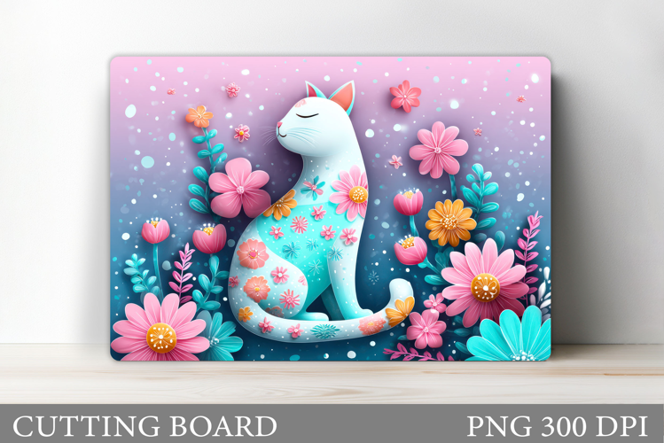 Floral Cat Cutting Board Design. Cute Cat Sublimation