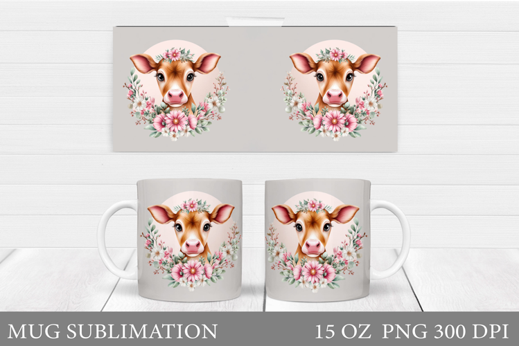 Cute Cow Mug Sublimation. Cow Flowers Mug Wrap Design
