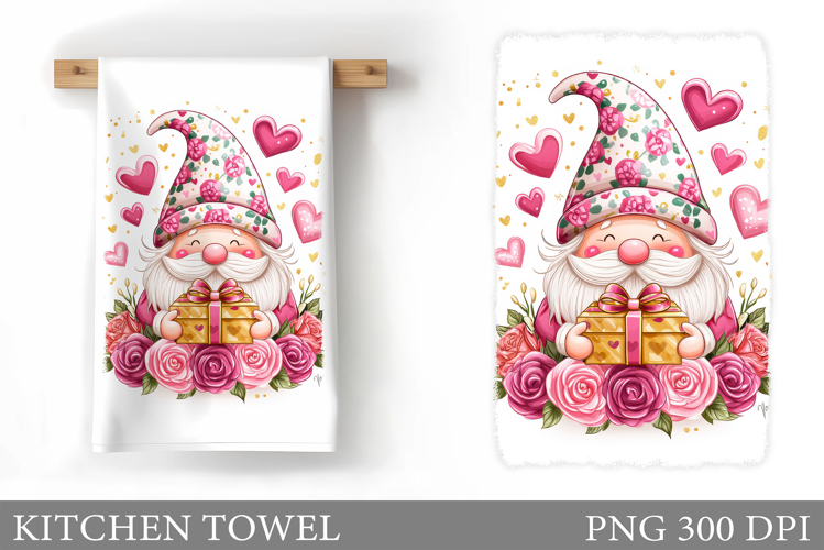 Valentine Gnome Kitchen Towel. Valentines Kitchen Towel