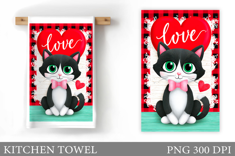 Valentines Cat Kitchen Towel. Valentines Kitchen Towel