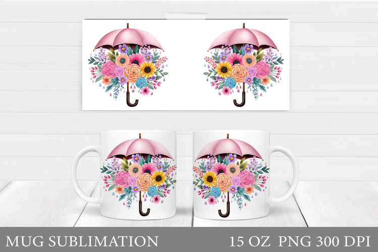 Umbrella Mug Sublimation. Flowers Mug Wrap Design