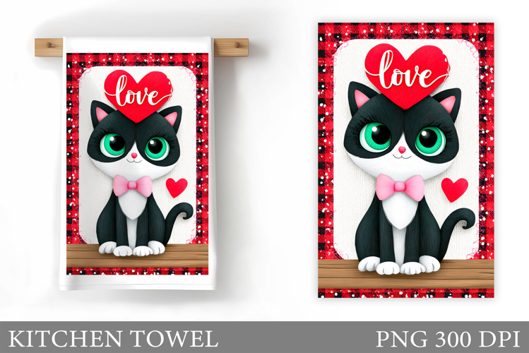 Valentines Cat Kitchen Towel. Valentines Kitchen Towel