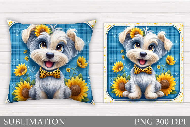 Cute Dog Pillow Sublimation. Dog Flowers Pillow Design example image 1