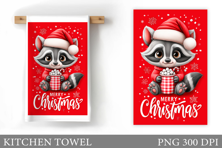 Christmas Raccoon Kitchen Towel. Christmas Kitchen Towel
