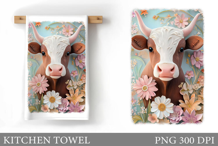 Cow Kitchen Towel Design. Cow Flowers Kitchen Towel example image 1