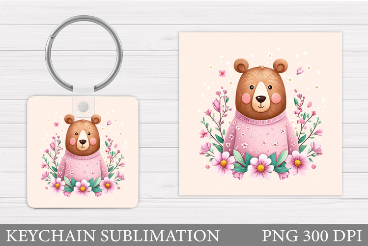 Cute Bear Keychain Sublimation. Bear Flowers Keychain Design