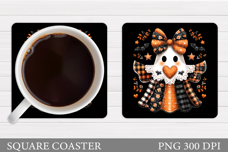 Patchwork Ghost Coaster Design. Cute Halloween Sublimation