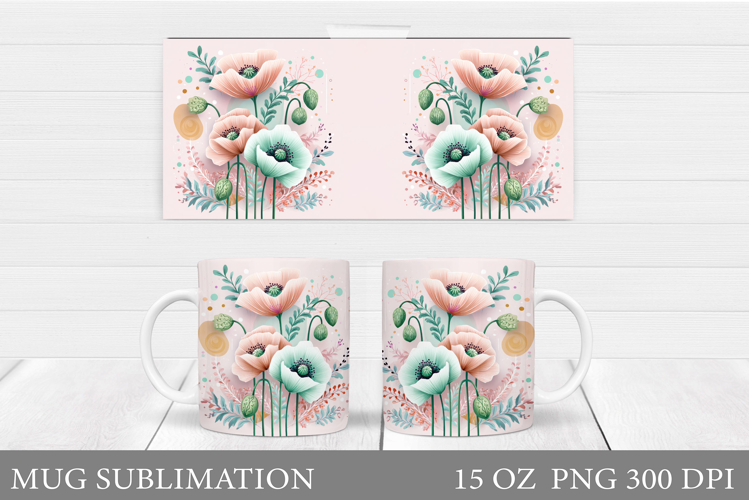 Floral Mug Wrap Design. Flowers Mug Sublimation