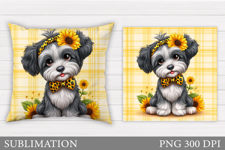 Cute Dog Pillow Sublimation. Dog Flowers Pillow Design example image 1