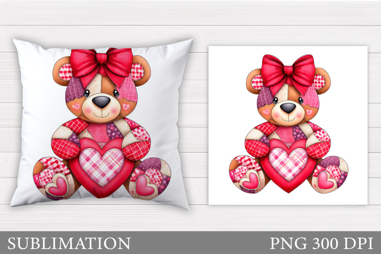 Patchwork Bear Pillow Design. Valentines Pillow Sublimation