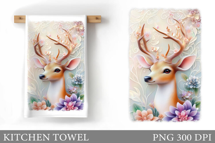 Deer Kitchen Towel Design. Deer Flowers Sublimation example image 1