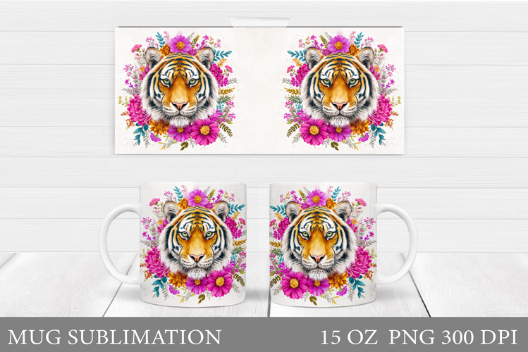 Tiger Mug Wrap Sublimation. Tiger Flowers Mug Design