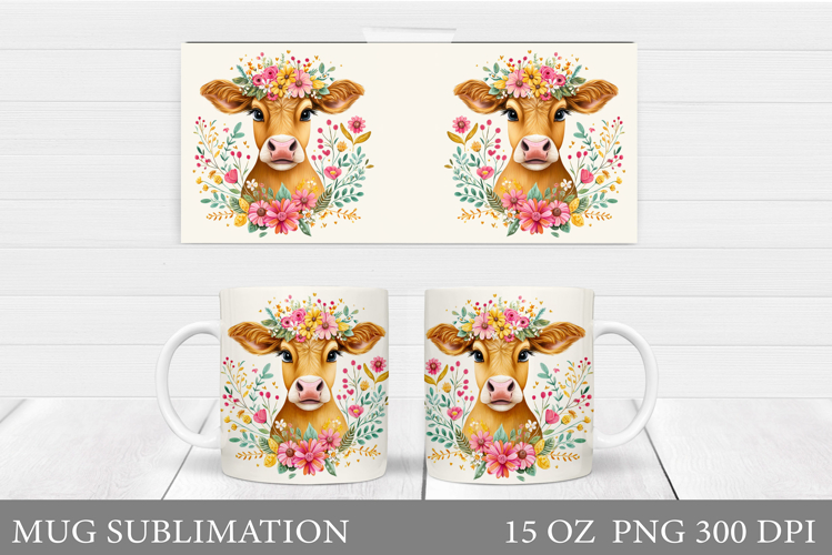 Cute Cow Mug Sublimation. Cow Flowers Mug Wrap Design