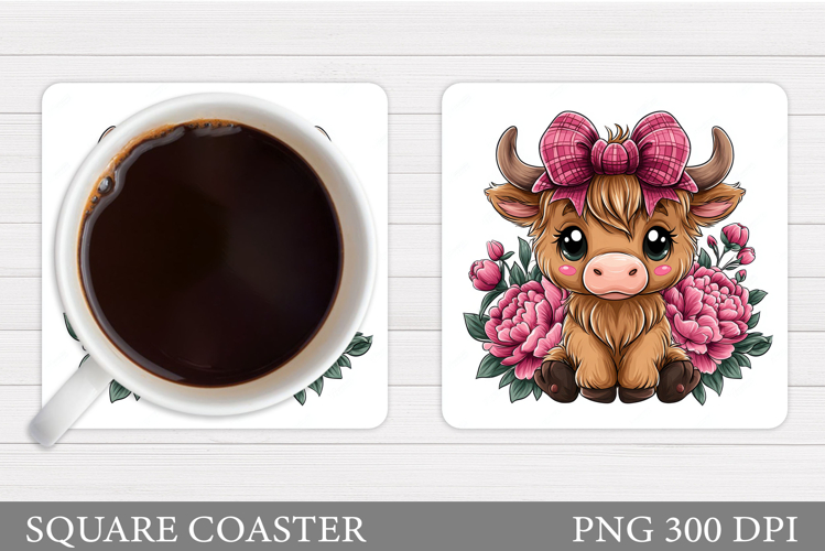 Highland Coaster Sublimation. Cow Flowers Coaster Design