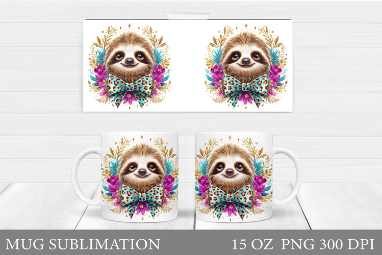 Cute Sloth Mug Design. Sloth Flowers Mug Sublimation