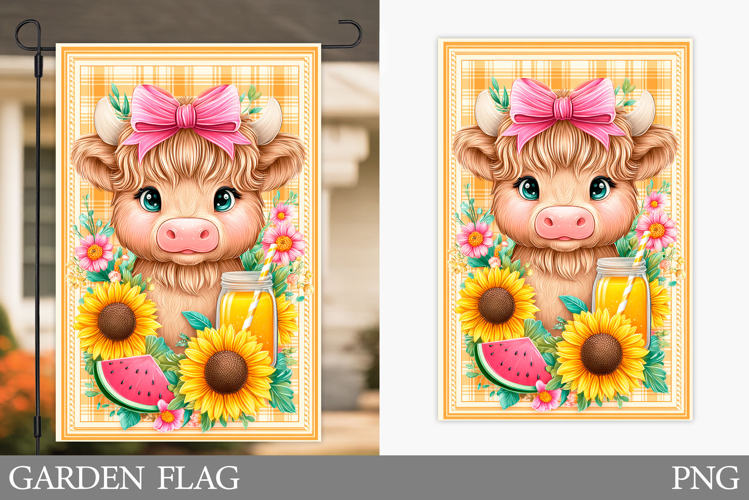 Highland Cow Garden Flag. Summer Cow Garden Flag Design