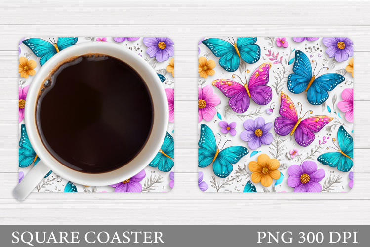 Butterflies Coaster Sublimation. Flowers Coaster Design