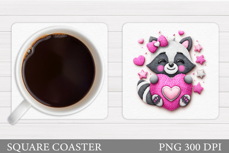 Valentines Raccoon Coaster. Cute Raccoon Coaster Design