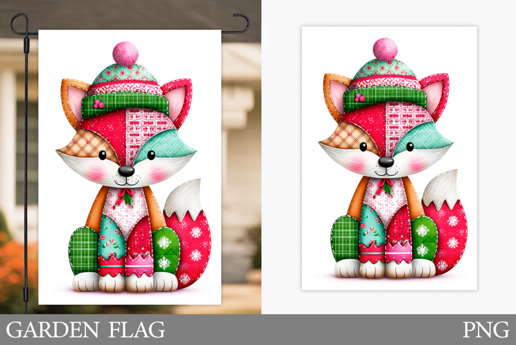 Patchwork Fox Garden Flag. Christmas Garden Flag Design