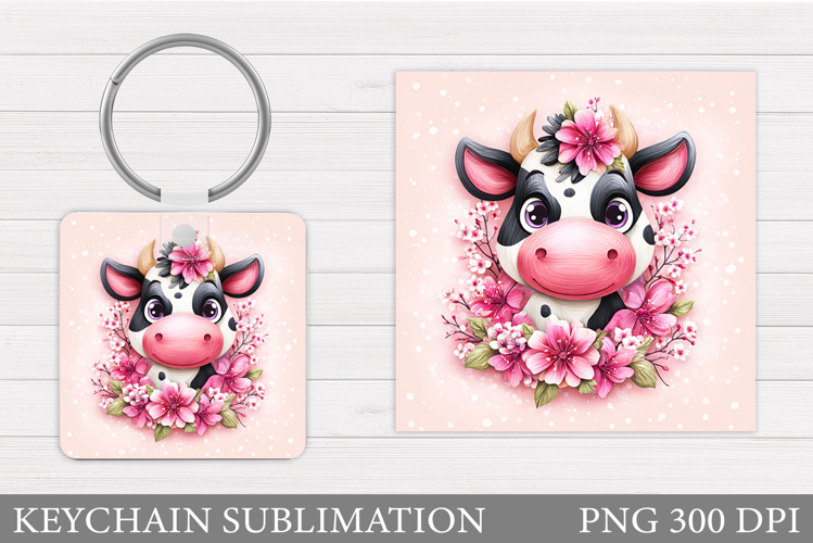 Cow Keychain Design. Cow Flowers Keychain Sublimation