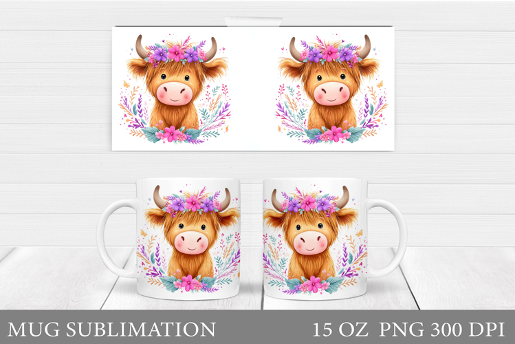 Cute Cow Mug Wrap Design. Cow Flowers Mug Sublimation