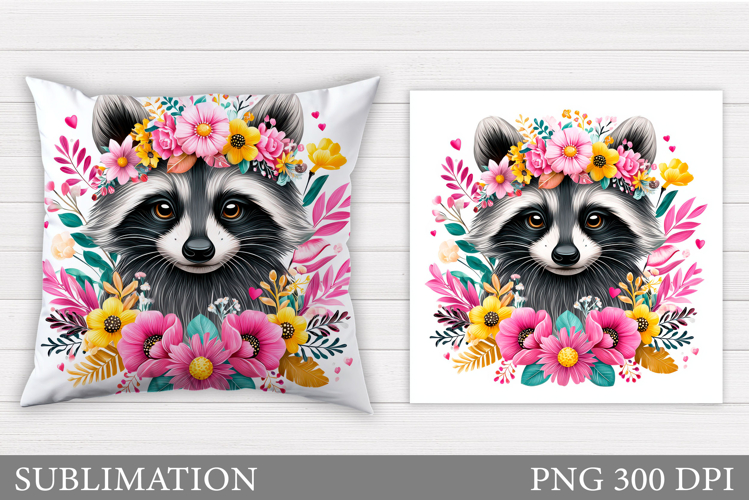 Cute Raccoon Pillow Design. Raccoon Flowers Pillow