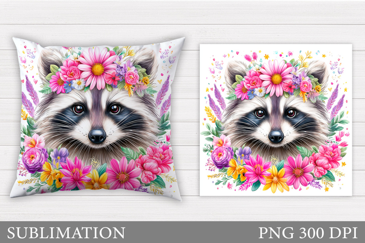 Cute Raccoon Pillow Design. Raccoon Flowers Pillow