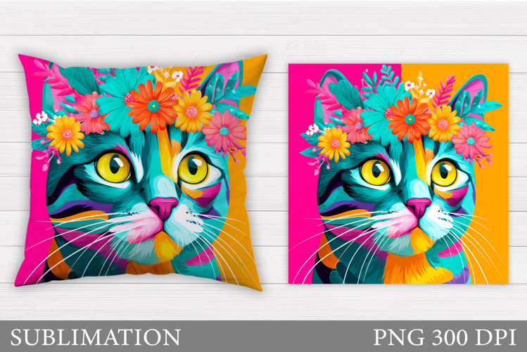 Cat Pillow Design. Cat Flowers Pillow Sublimation