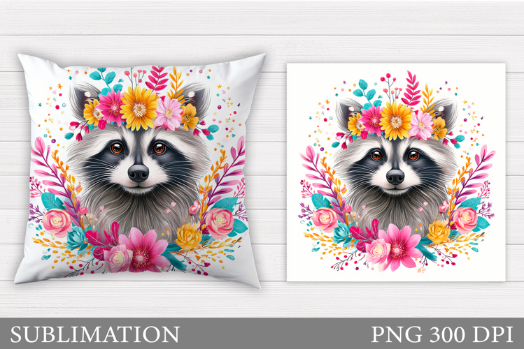 Cute Raccoon Pillow Design. Raccoon Flowers Pillow