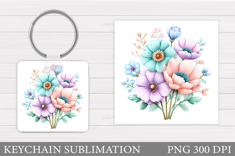 Flowers Square Keychain. Wildflowers Keychain Sublimation