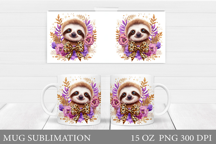 Cute Sloth Mug Design. Sloth Flowers Mug Sublimation