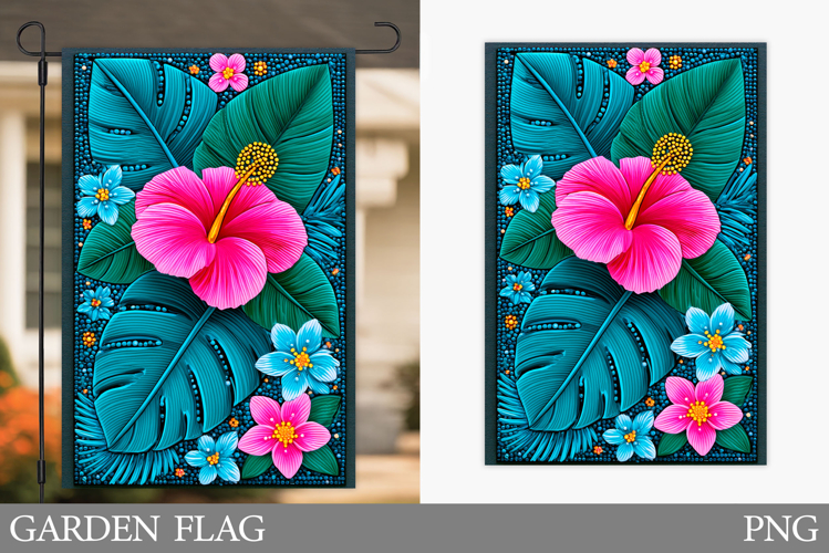 Hibiscus Garden Flag Design. Tropical Flowers Garden Flag