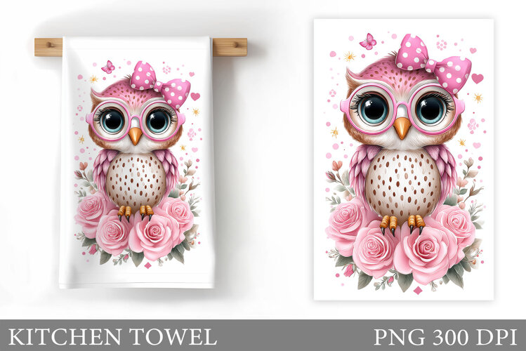 Cute Owl Kitchen Towel. Owl Flowers Kitchen Towel Design example image 1