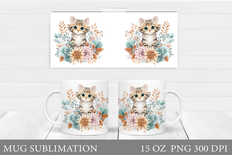 Cute Cat Mug Wrap Design. Cat Flowers Mug Sublimation