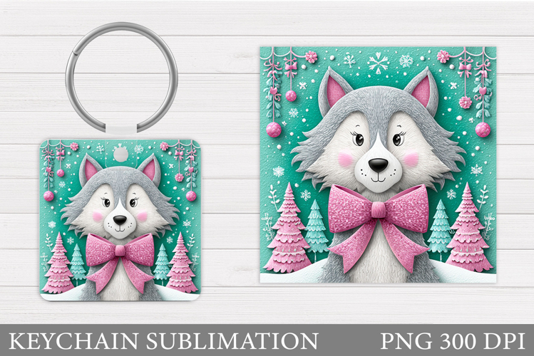 Christmas Wolf Keychain. Christmas Keychain Sublimation