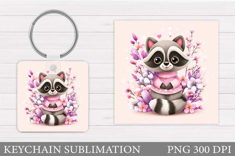 Cute Raccoon Keychain Design. Raccoon Flowers Keychain example image 1