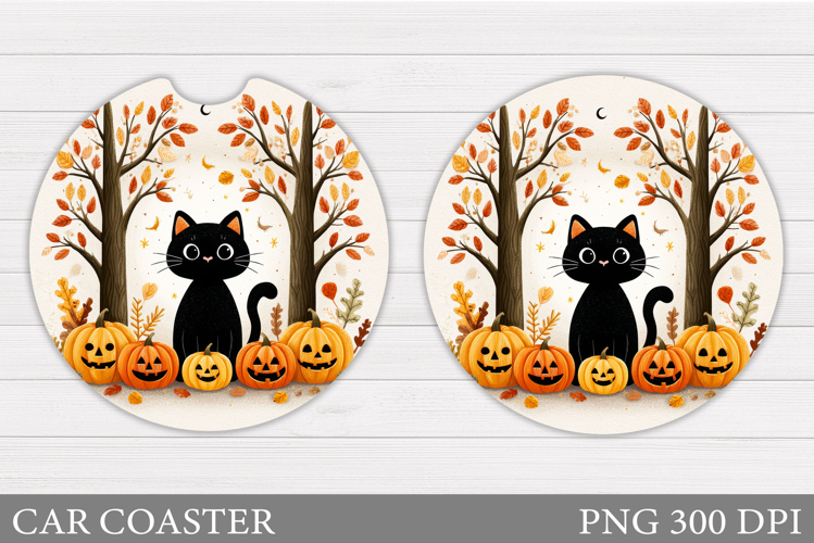 Black Cat Car Coaster. Cute Halloween Car Coaster